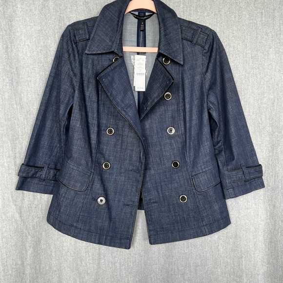 NWT WHBM Denim Dark Wash Cotton Blend Double Breasted Swing Jacket Sz 8 Preppy - Picture 1 of 16